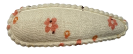 Kniphoesje linnen lichtbeige met zalmoranje bloemetjes 5 cm + klik klak speldje, per stuk