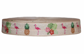 Elastisch band flamingo, ananas en bloemen perzik kleur 16 mm: 9,4 meter!