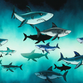 French Terry tricot paneel: Shark tank by Thorsten Berger, 80x150 cm