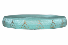 Elastisch band turquoise met gouden tipi tent 16 mm: 5 meter!