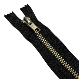 Metalen broekrits zwart + goudkleurige tandjes 5 mm -niet deelbaar 18 cm