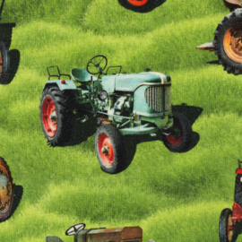 Digitale print tricot: Old Timers tractors groen  (Sansa, Swafing) , per 25 cm