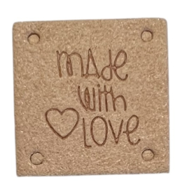 Kunstleer labeltje made with love 25x25 mm, tan