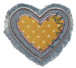 Applicatie jeans hart met geel hart, 65x60 mm