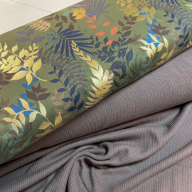 Foil print tricot: leaves khaki (qjutie) per 25 cm