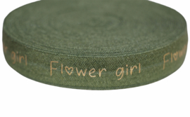Elastisch band groen flower girl gouden tekst 16 mm per 0,5 meter