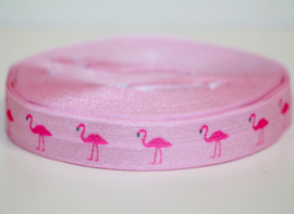 Elastisch band zachtroze met flamingo 16 mm per 0,5 meter