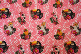 Tricot digitale print : roze met witte stipjes met tukan/papegaai (Stenzo) 215x150 cm coupon