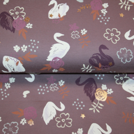 Foil print tricot: swans mauve (qjutie) per 25 cm