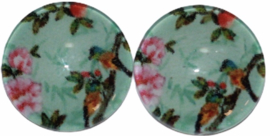 Glas flatback cabochon 12 mm vogel op tak mint , 2 stuks