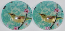 Glas flatback cabochon 12 mm vogel op tak, 2 stuks