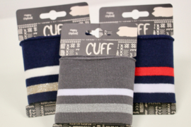 Cuff two stripes donkerblauw- offwhite/glitter beige 7x110 cm
