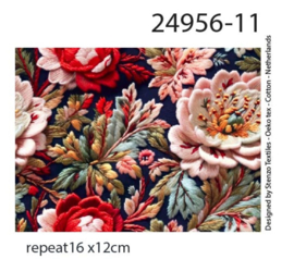 Tricot (digitale print): Flower Embroidery zwart/rood, per 25 cm