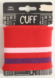 Cuff two stripes rood- lichtroze/paars 7x110 cm