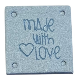 Kunstleer labeltje made with love 25x25 mm, lichtblauw
