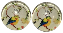 Glas flatback cabochon 12mm vogeltje creme, per 2 stuks