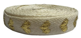 Keperband ecru met hartjes lurex goud 16 mm, per 0,5 meter