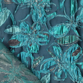 Lyon Jacquard petrol/mint gebloemd, per 25 cm