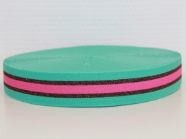 Mint/ roze/ rood-brons lurex gestreept elastiek 30 mm per 0,5 meter