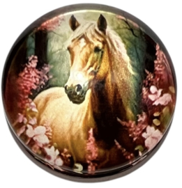Glas cabochon 20mm: paard in bos met bloemen