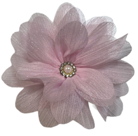 Stoffen bloem 8,5 cm met rhinestone en pareltje, lichtroze + glittertje