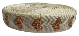 Keperband ecru met hartjes lurex brons 16 mm, per 0,5 meter