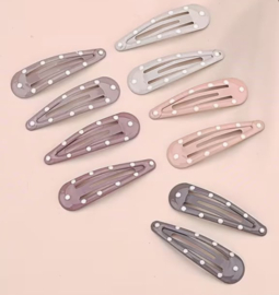 Klik-klak haarspeldjes met stipjes mauve/beige/taupe, 10 stuks