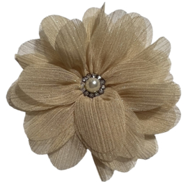 Stoffen bloem glitter beige met parel en blingetjes 9 cm