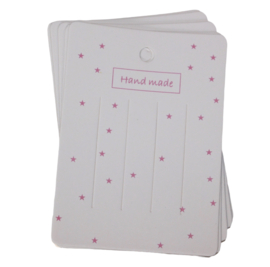 Kaartjes voor haarspeldjes wit met roze sterretjes & handmade 75x105 mm, per 10 stuks