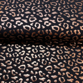 Foil print tricot: panter donkerblauw/ rose gold (qjutie), per 25 cm