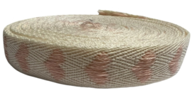 Keperband ecru met hartjes lichtroze 16 mm, per 0,5 meter