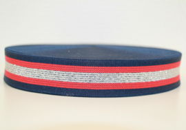 Donkerblauw/rood/ met zilveren streepjes elastiek 30mm per 0,5 meter