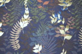 Foil print tricot: leaves navy (qjutie) per 25 cm