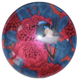 Glascabochon 20mm vogeltje met roze bloemen