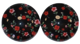 Glascabochon 20mm zwart/rood bloemen