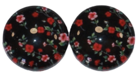 Glas cabochon 12mm zwart/rood bloemen: per 2 stuks