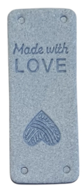 Kunstleer labeltje made with love 20x50 mm, lichtblauw