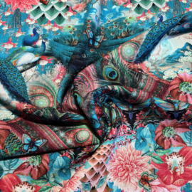 Linnen/viscose digitale print: Paradiso turquoise (Stenzo), per 25cm