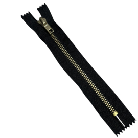 Metalen broekrits zwart + goudkleurige tandjes 5 mm -niet deelbaar 18 cm