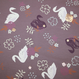 Foil print tricot: swans mauve (qjutie) per 25 cm