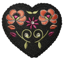Applicatie hart zwart met bloemen, 80x70 mm
