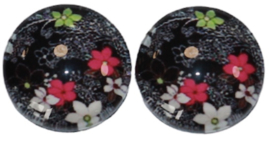 Glascabochon 20mm zwart met bloemetjes