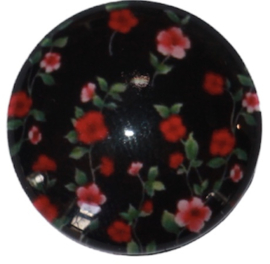 Glas cabochon 12mm zwart/rood bloemen: per 2 stuks