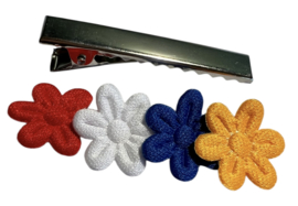 Setje: alligator clip 45mm met 4 bloemetjes rood-wit-blauw-oranje 20mm