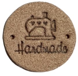 Rond label leer HANDMADE met naaimachine 25 mm, lichtbruin