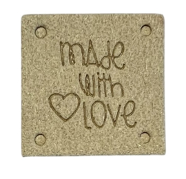Kunstleer labeltje made with love 25x25 mm, beige