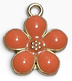 Bedeltje bloemetje goud/oranje 17x14 mm, per stuk
