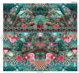 Linnen/viscose digitale print: Paradiso turquoise (Stenzo), per 25cm