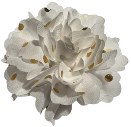 Stoffen bloem 10 cm wit met gouden stipjes