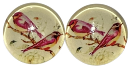 Glas flatback cabochon 12mm paarse vogeltjes, per 2 stuks